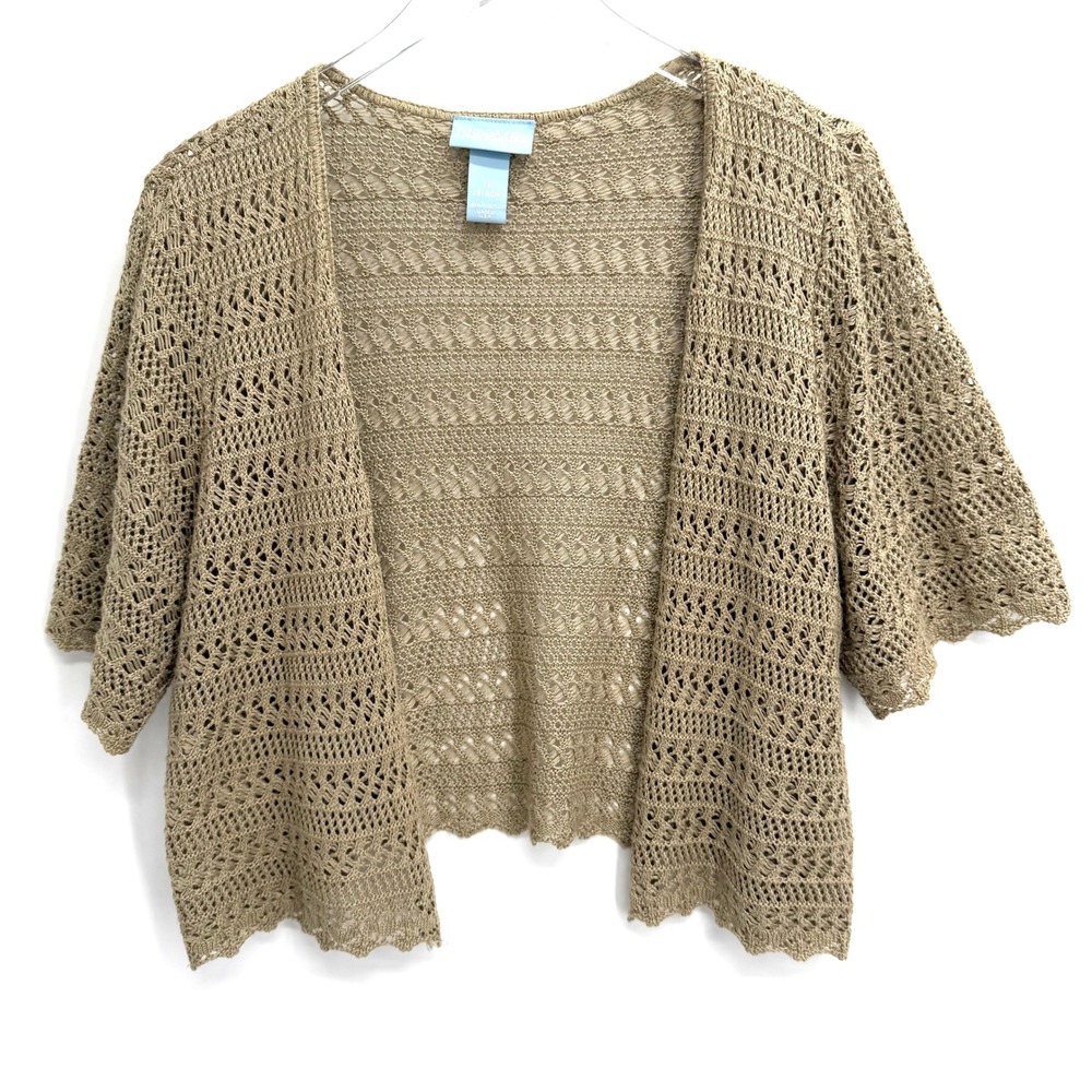 VTG 90s Cardigan Shrug Size 1X Boho Fairy Forest Tan Pointelle Knit Short Sleeve